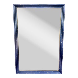 Vintage Large Faux Bamboo Wall Mirror in Metallic Blue With Gold Accents – Mid-Century Hollywood Regency Style For Sale