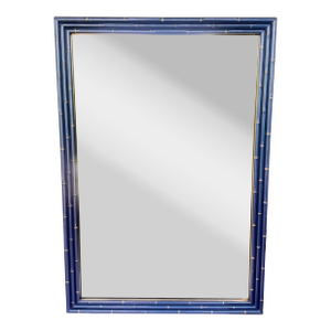 Vintage Large Faux Bamboo Wall Mirror in Metallic Blue With Gold Accents – Newly Painted