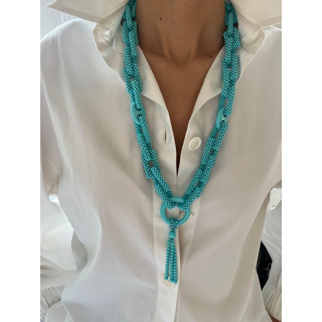 Blue Teal Blue Turquoise Round Fancy Beads Long Tie Unique Tassel Statement Necklace For Sale - Image 8 of 10