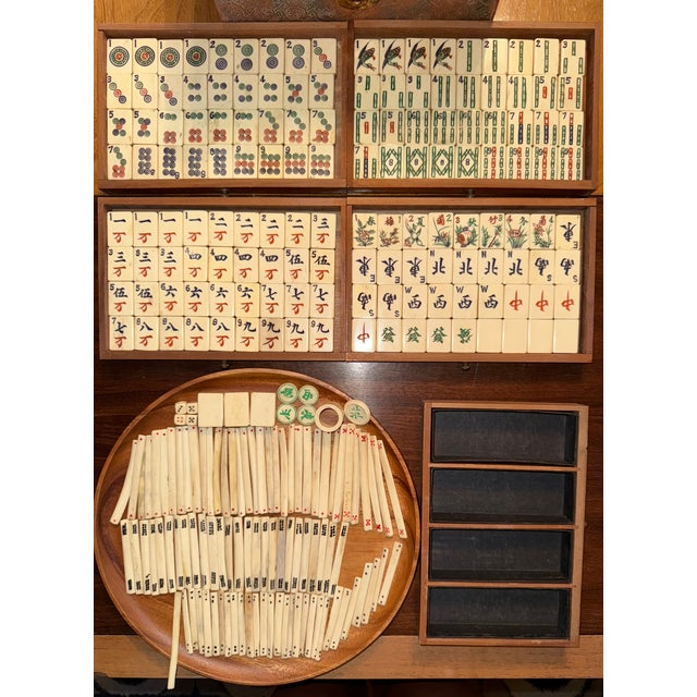 Beautiful Antique Chinese Mahjong Game Set in Stunning Dovetailed Wood, Leather & Brass Case For Sale - Image 4 of 18