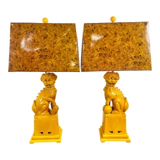 Vintage Yellow Ceramic Foo Dog Lamps - A Pair For Sale