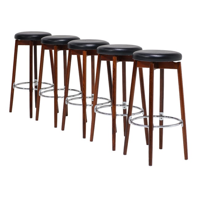 Vintage Danish Barstools in Rosewood and Chrome by Hugo Frandsen for Spøttrup, 1960s, Set of 5 For Sale