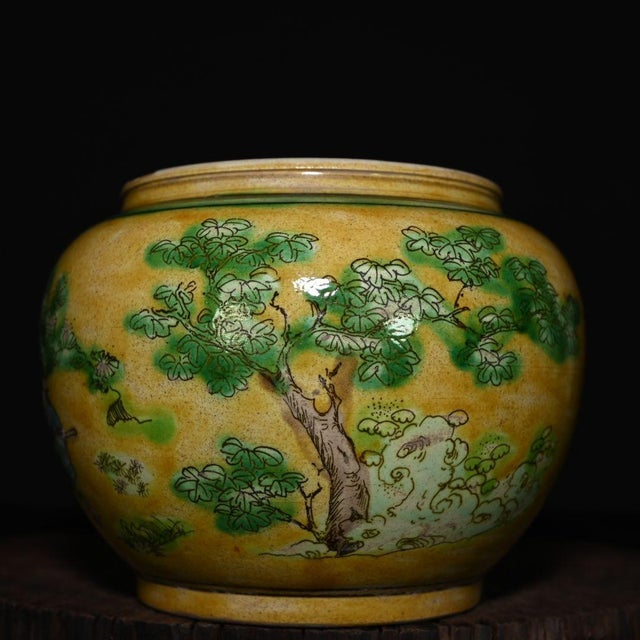 1950s Sancai Yellow Ground Porcelain Jar, Chinese Scholar Figural Scene Pot For Sale In New York - Image 6 of 9