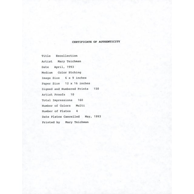 1990s 1993 Mary Teichman Colored Etching "Recollection" For Sale - Image 5 of 5