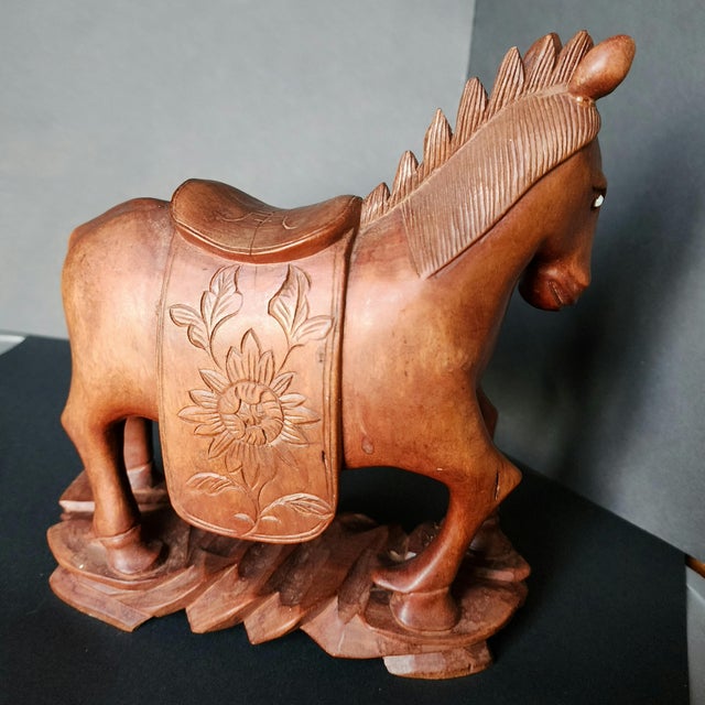Hand carved vintage Chinese folk art. Wooden horse with glass eyes. Believed to be from China circa 1940s. Damage to one...