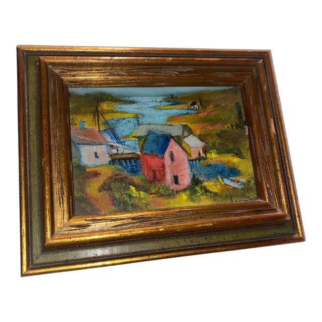 A Mid-Century Oil Painting of a Coastal Village Scene. For Sale