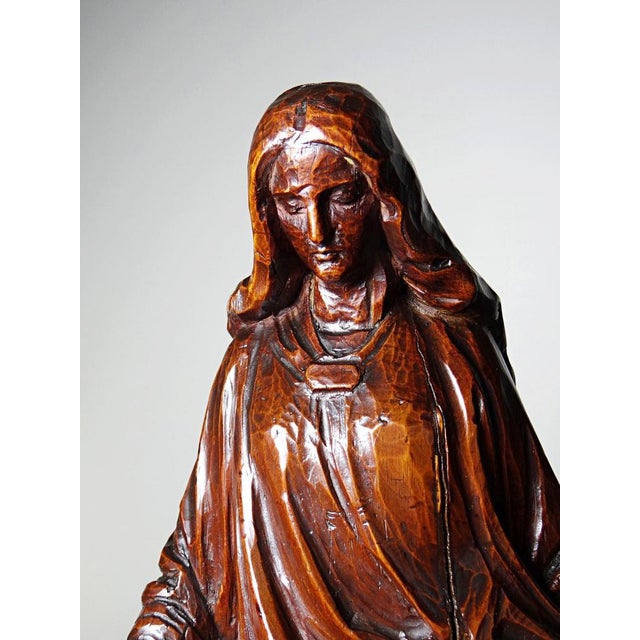 Brown Vintage Religious Sculpture of the Virgin Mary in Carved Wood, 1920s For Sale - Image 8 of 16
