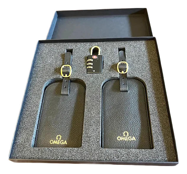 1990s Collectible Omega Leather Luggage Tags and Lock, Set | Chairish