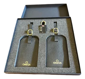 1990s Collectible Omega Leather Luggage Tags and Lock, Set