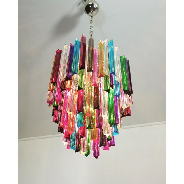 Fantastic vintage murano chandelier made by 92 murano crystal multicolored prism in a nickel metal frame. period: late xx...