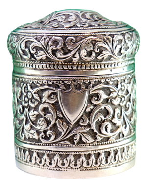 Silver Pot with Floral Reliefs and Monogram Plaque on the Removable Lid