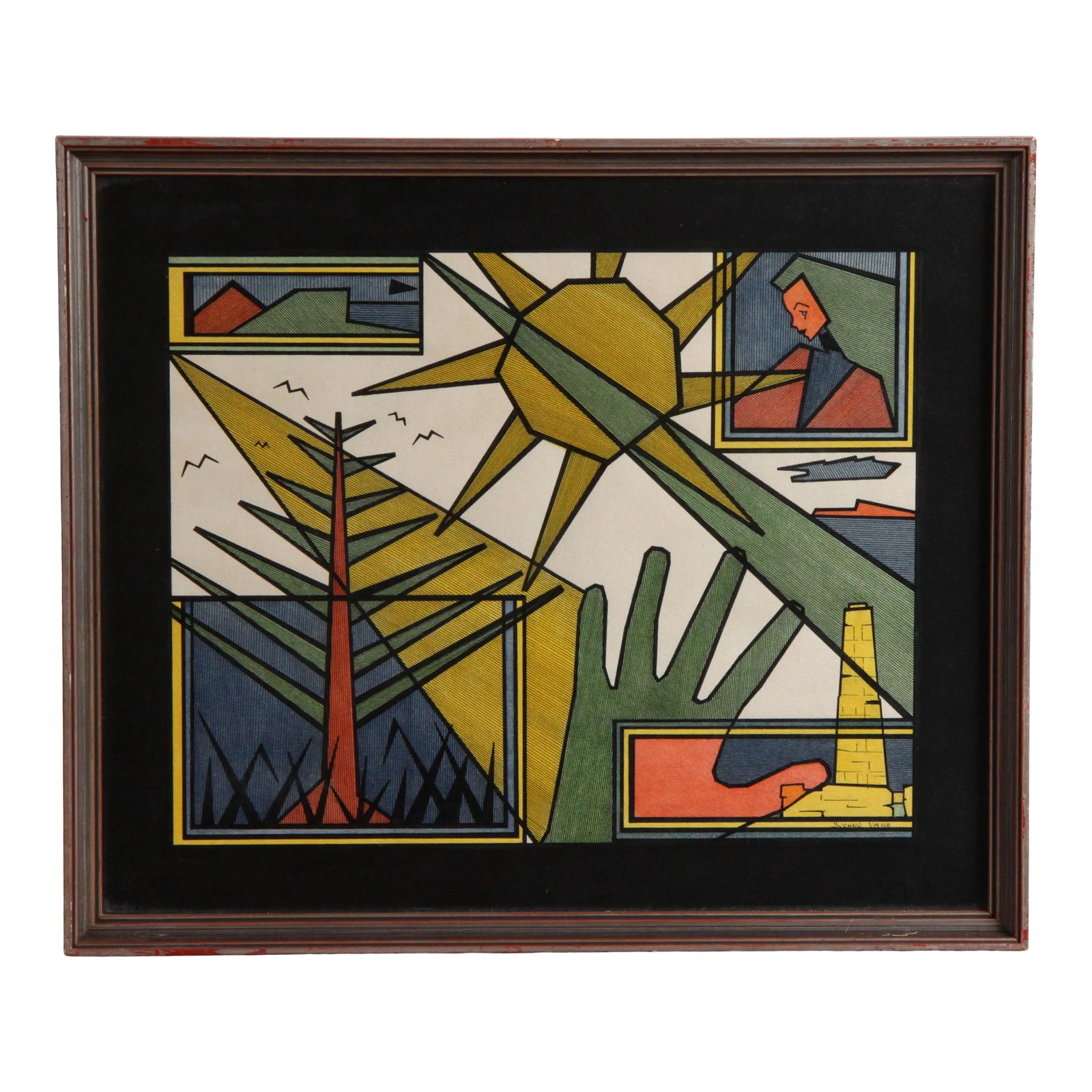 Vintage C.1975 Cubist Abstract Landscape Painting by Yvonne Vaya