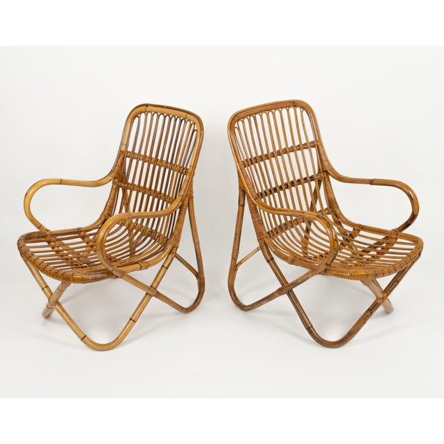 Tito Agnoli Mid-Century Bamboo and Rattan Armchairs in the style of Tito Agnoli, Italy 1960s For Sale - Image 4 of 16