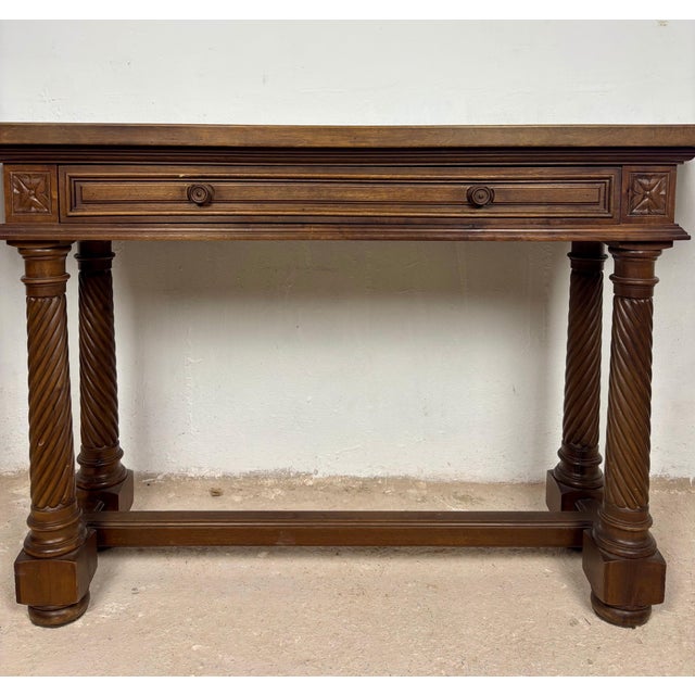 Brown Spanish Walnut Console Table with Barley Twist Legs, 1940s For Sale - Image 8 of 16