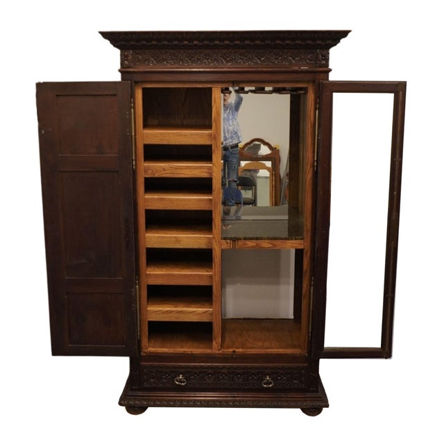 Late 20th Century Vintage Antique English Walnut La Baule Escoublac Gothic Jacobean 49" Mirrored Wine Storage Bar / Cupboard For Sale - Image 5 of 12
