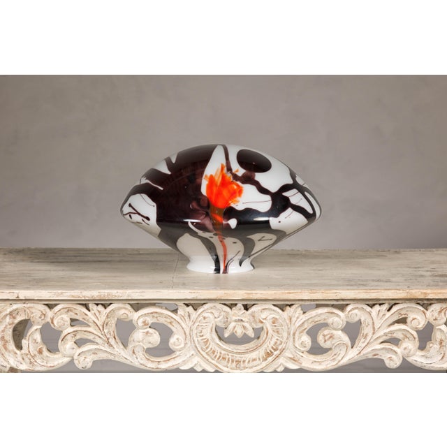 Mid-Century Modern Midcentury Blown Glass Dome with White, Black and Orange Abstract Décor For Sale - Image 3 of 10