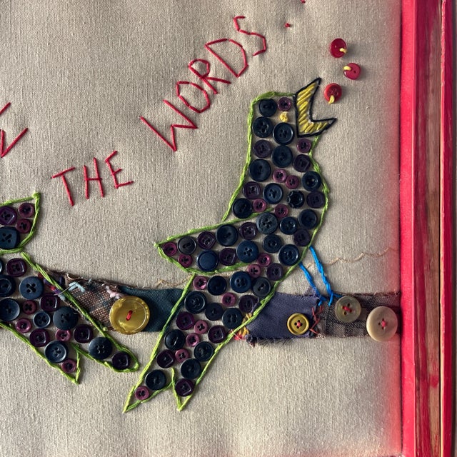 Textile Large Signed Mary Teeter Folk Art Textile – “Sing Loud When You Don’t Know the Words” (2005) Bird Button and Embroidery Collage For Sale - Image 7 of 12