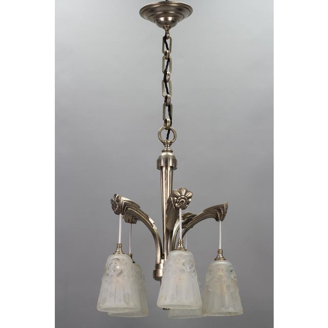 Art Deco French Brass Five-Light Chandelier with White Glass by Degué, 1930s For Sale - Image 3 of 18