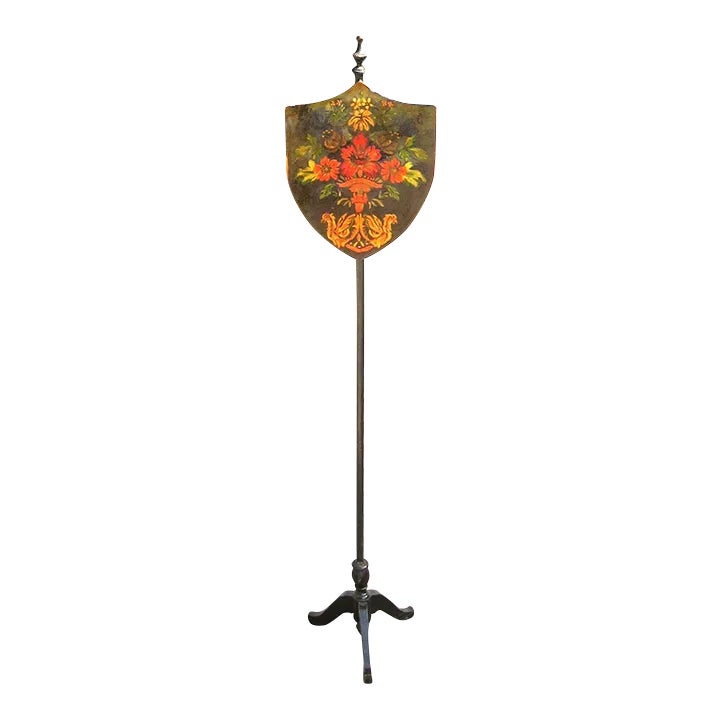Hand-Painted Heraldic Style Decorative Shield on Tripod Stand | Chairish