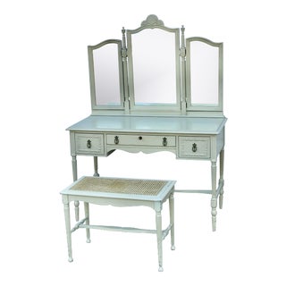 1930's Adams Style Vanity W/Mirror Cane Bench For Sale