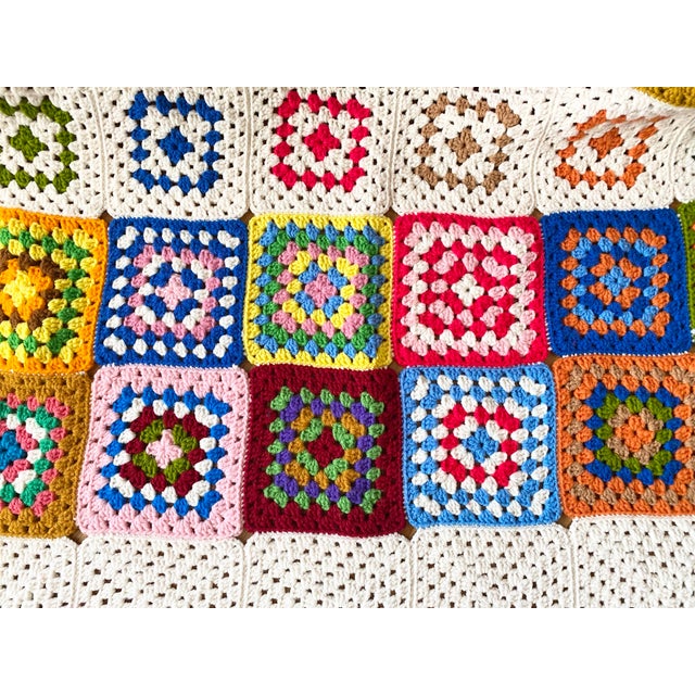 Granny Square Cotton Cottagecore Rainbow Afghan For Sale - Image 4 of 12