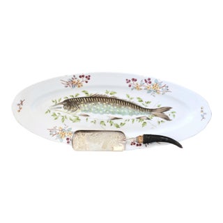 Early 1900s French Limoges Fish Platter With Stag Horn Handle Server For Sale
