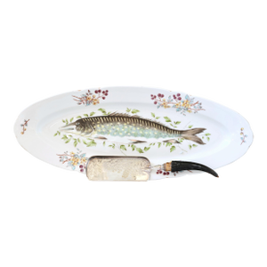 Early 1900s French Limoges Fish Platter With Stag Horn Handle Server