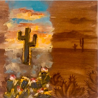 Sedona Sunsets by Alexandra Hansen | Oil on panel Desert landscape with cacti and sunset sky. For Sale