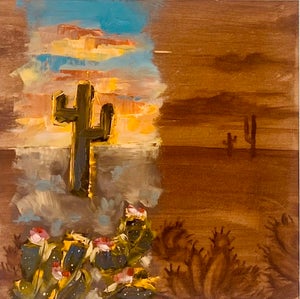 Sedona Sunsets by Alexandra Hansen | Oil on panel Desert landscape with cacti and sunset sky.