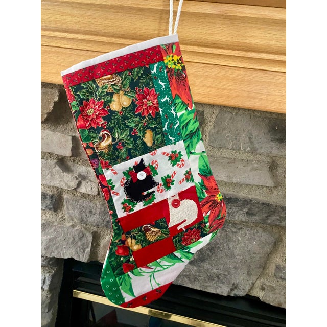 Textile Vintage 1999 Signed "Lw" Primitive Folk Art Patchwork Christmas Stocking With Cat Applique Excellent Condition For Sale - Image 7 of 11