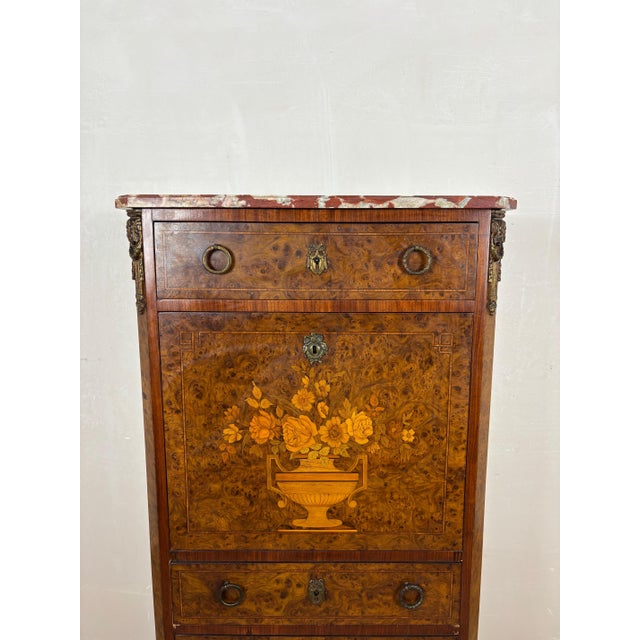 1930s French Louis XVI Style Burl Wood Secretary Chest with Marble Top, 1930s For Sale - Image 5 of 15