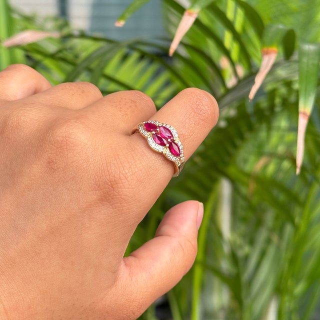 Vintage Inspired Cluster Ruby Diamond Cocktail Ring Size 7 in 14k Yellow Gold For Sale - Image 12 of 16