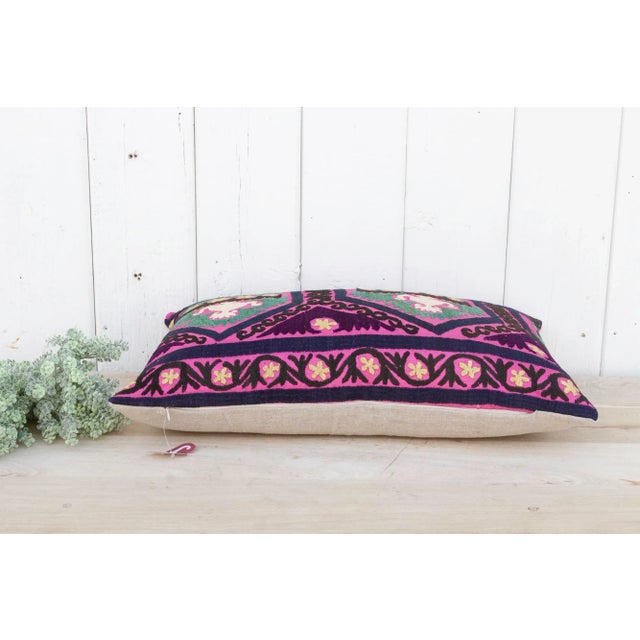 Modern Magenta Lake Suzani Lumbar Pillow For Sale - Image 3 of 9