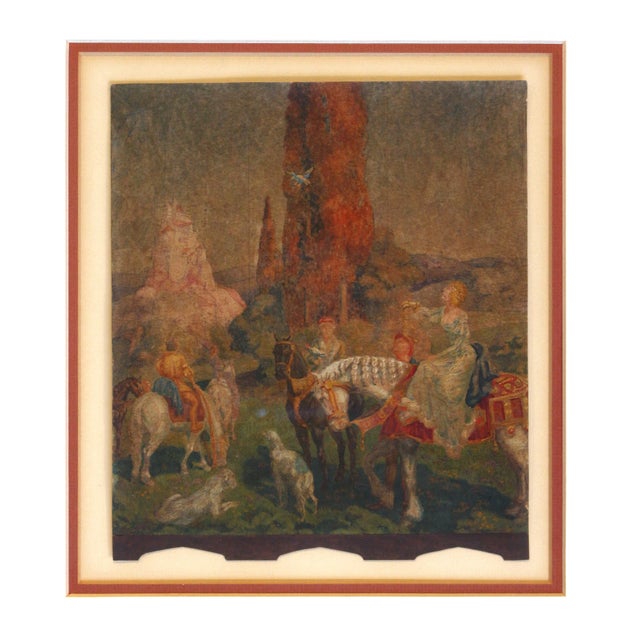 Mid-20th century framed painted screen by Kenneth Steven MacIntire, American. "Medieval Screen of a Lady on Horseback"...