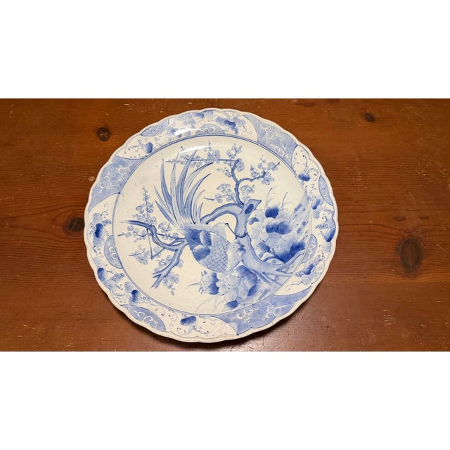 19th Century Japanese Hand-Painted Blue and White Porcelain Charger With Roosters For Sale - Image 11 of 12
