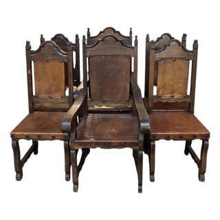 1950s Set of 6 Spanish Renaissance Revival Dining Chairs, Two Arm Chairs, Four Side Chairs For Sale