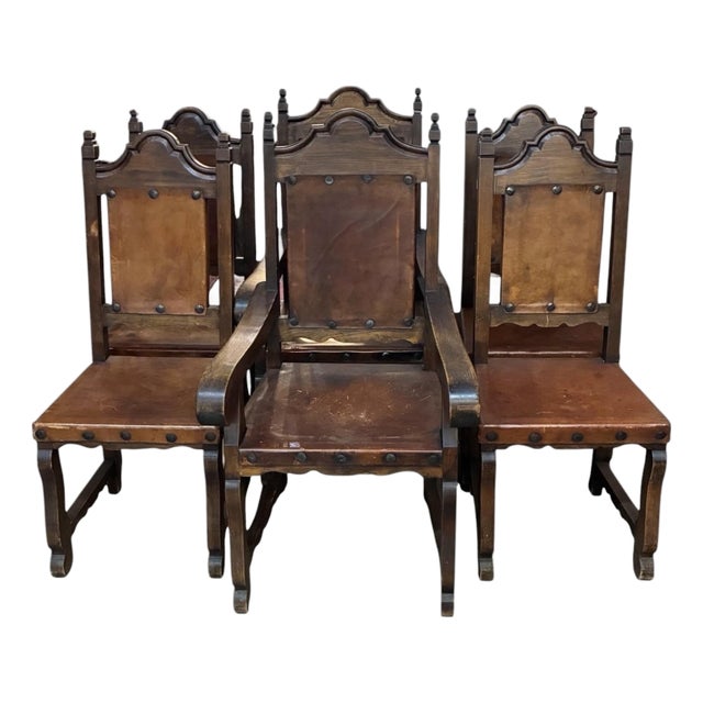 1950s Set of 6 Spanish Renaissance Revival Dining Chairs, Two Arm Chairs, Four Side Chairs For Sale
