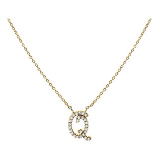 10K Yellow Gold Diamond Accent "Q" Initial Script Style Pendant Necklace For Sale
