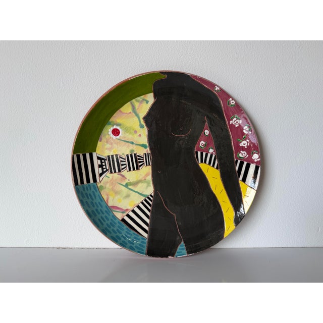 1980s Lois Barton Hand-Painted Modernist Figurative Art Ceramic Plate For Sale - Image 10 of 12
