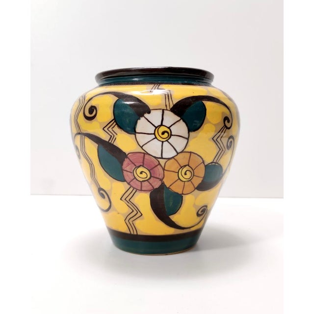 Futurist Yellow Glazed Earthenware Vase with Floral Motifs, Italy, 1920s For Sale - Image 10 of 10