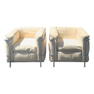 Lc2 Style Modernist Chrome Armchairs Pair, Circa Late 20th Century For Sale
