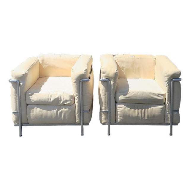 Lc2 Style Modernist Chrome Armchairs Pair, Circa Late 20th Century For Sale