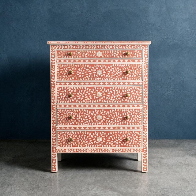 Arabesque Inlay Five-Drawer Tallboy - Coral by House of Jaipur For Sale - Image 10 of 10