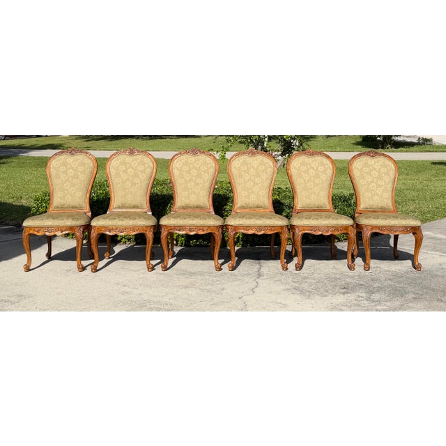 Early 21st Century Century Furniture French Provincial Carved Wood Dining Chairs With Olive Damask Upholstery, Set of 6 For Sale - Image 5 of 12