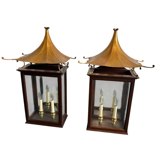 1990s Vintage Large Gold Leaf Pagoda Lantern Wall Lights- A Pair For Sale - Image 5 of 12