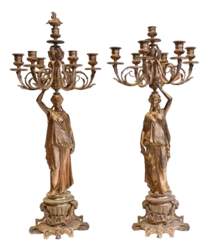 French Gilt Female Maiden Figural Candleholders, Set of 2