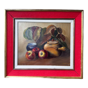 1989 Signed French Oil on Canvas Still Life – Apples, Teapot & Leaves – From Loire Valley, France, Framed