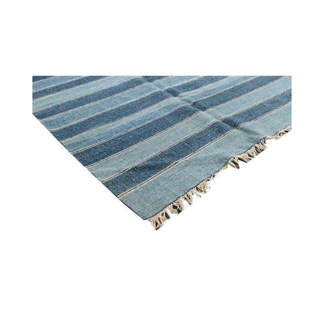 1950s 1950s Extra-Long Vintage Dhurrie Flat Weave in Blue Stripes by Rug & Kilim For Sale - Image 5 of 6
