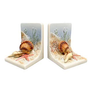 Vintage Otagiri Japan Ceramic Seashell & Starfish Bookends — Coastal / Nautical For Sale