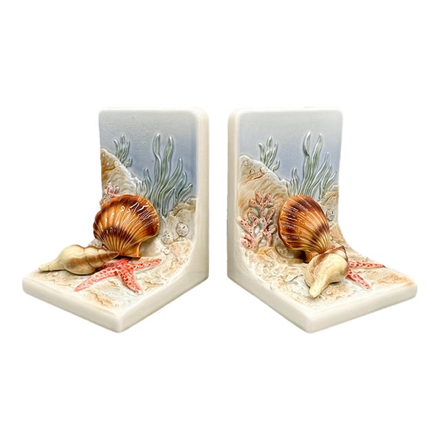 Vintage Otagiri Japan Ceramic Seashell & Starfish Bookends — Coastal / Nautical For Sale